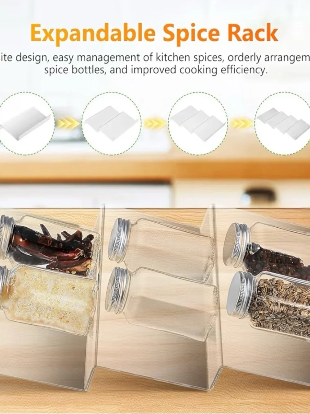 Clear Expandable Spice Rack Organizer - Adjustable Kitchen Storage - 4pc Set